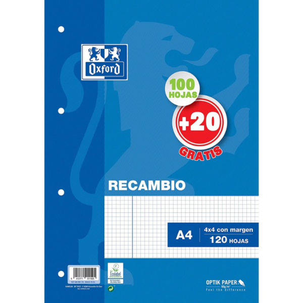 Recambio Oxford A4 100 20 hojas  4×4 con margen